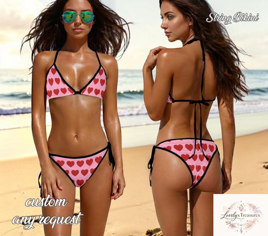 Heart Print Bikini Set, Pink Red Love String Bikini, Cute Valentine Swimsuit, Triangle Tie Side Beachwear