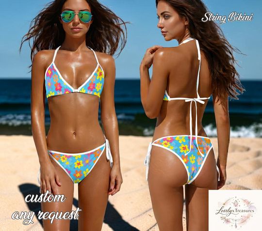 Floral Print Bikini Set, Colorful Flower String Bikini, Cute Triangle Tie Side Swimsuit, Summer Beach Outfit