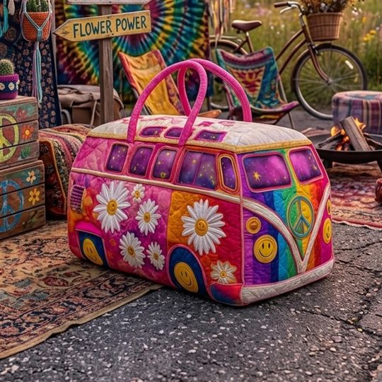 Hippie Van Quilted Duffle Bag: Cute Weekender Duffel Gift For Her, Camper Bus Travel Weekender Bag, Best Duffle Bags For Women.