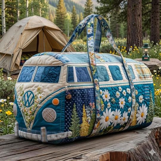 Hippie Blossom Path Quilted Duffle Bag: Cute Weekender Duffel Gift For Her, Camper Bus Travel Weekender Bag, Best Duffle Bags For Women.