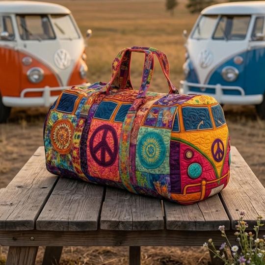 Hippie Van Quilted Duffle Bag: Cute Weekender Duffel Gift For Her, Camper Bus Travel Weekender Bag, Best Duffle Bags For Women.