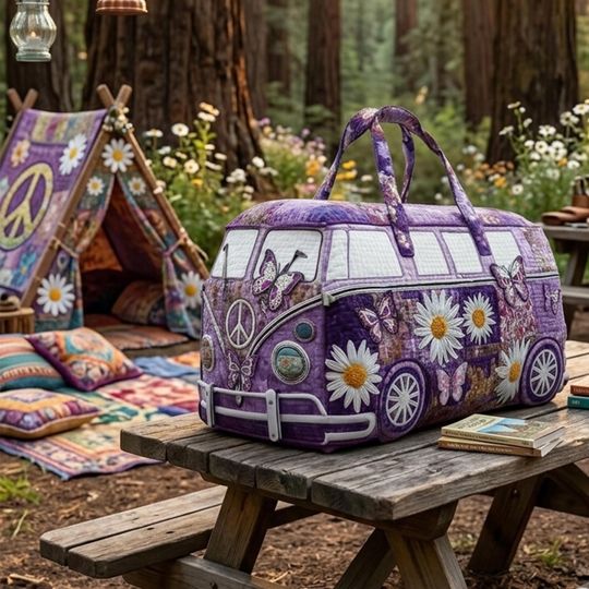 Hippie Van Quilted Duffle Bag: Cute Weekender Duffel Gift For Her, Camper Bus Travel Weekender Bag, Best Duffle Bags For Women.