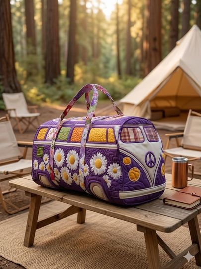 Hippie Blossom Path Quilted Duffle Bag: Cute Weekender Duffel Gift For Her, Camper Bus Travel Weekender Bag, Best Duffle Bags For Women.