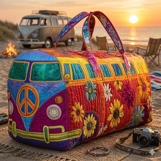 Hippie Van Quilted Duffle Bag: Cute Weekender Duffel Gift For Her, Camper Bus Travel Weekender Bag, Best Duffle Bags For Women.