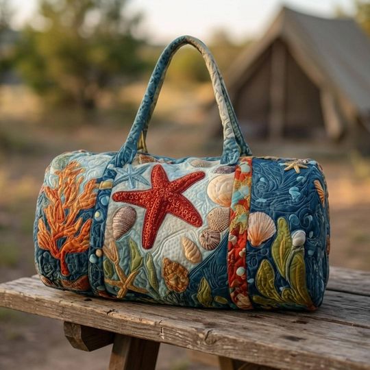 Ocean Breeze Quilted Duffle Bag: Cute Weekender Duffel Gift For Her, Camper Bus Travel Weekender Bag, Best Duffle Bags For Women.