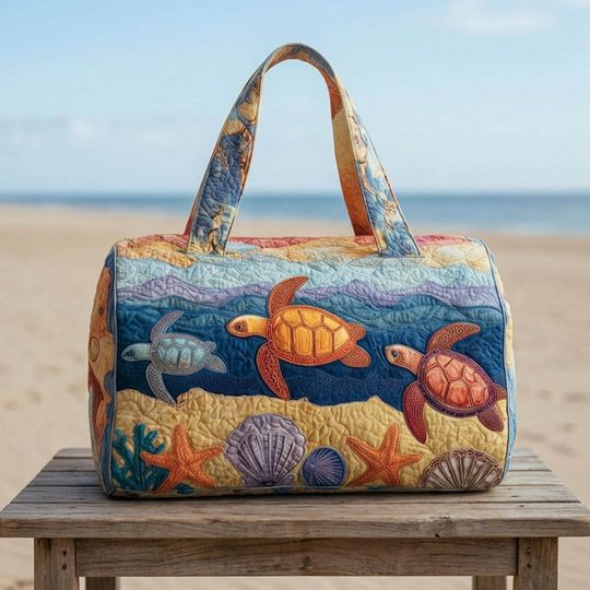 Sea Turtle Quilted Duffle Bag: Cute Weekender Duffel Gift For Her, Sea Turtle Travel Weekender Bag, Best Duffle Bags For Women.