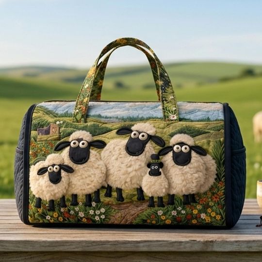 Funny Sheep Haven Quilted Duffle Bag: Cute Weekender Duffel Gift For Her, Sheep Haven Travel Weekender Bag, Best Duffle Bags For Women.