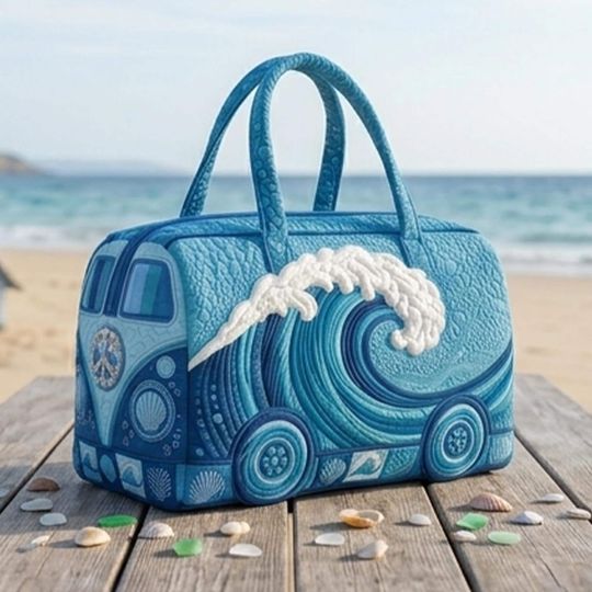 Ocean Waves Quilted Duffle Bag: Cute Weekender Duffel Gift For Her, Sea Turtle Travel Weekender Bag, Best Duffle Bags For Women.