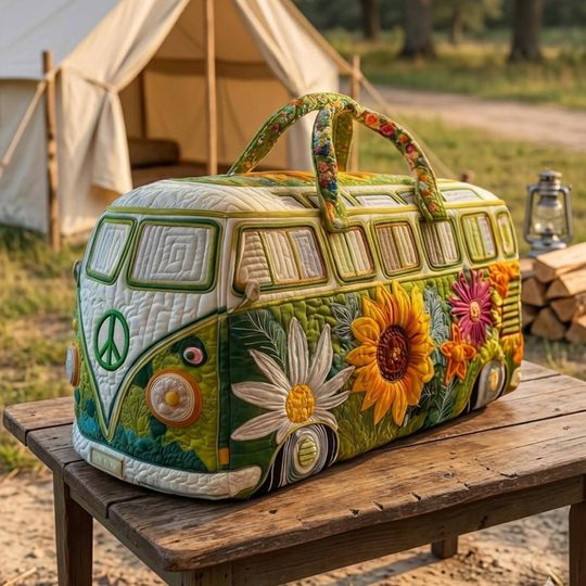 Hippie Van Quilted Duffle Bag: Camper Bus Travel Weekender Bag, Cute Weekender Duffel Gift For Her, Best Duffle Bags For Women.