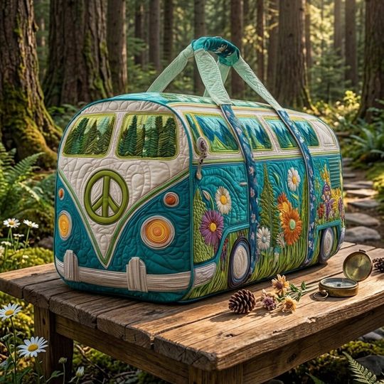 Hippie Van Quilted Duffle Bag: Cute Weekender Duffel Gift For Her, Camper Bus Travel Weekender Bag, Best Duffle Bags For Women.