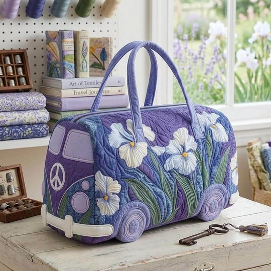 Iris Floral Hippie Van Quilted Duffle Bag: Cute Weekender Duffel Gift For Her, Camper Bus Travel Weekender Bag, Best Duffle Bags For Women.