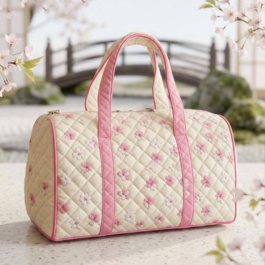 Peach Blossom Beige Quilted Travel Bag: Cute Weekender Duffel Gift For Her, Camper Bus Travel Weekender Bag, Best Duffle Bags For Women.