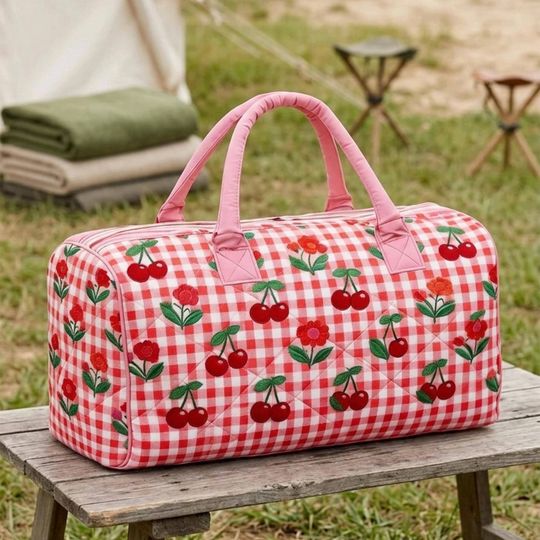 Red Plaid Cherry Quilted Travel Bag: Cute Weekender Duffel Gift For Her, Camper Bus Travel Weekender Bag, Best Duffle Bags For Women.
