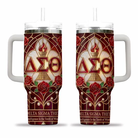 Delta Sigma Theta Stainless Steel Tumbler with Handle, DST Sorority Insulated Travel Cup, Divine Nine Greek Gift for Sisters