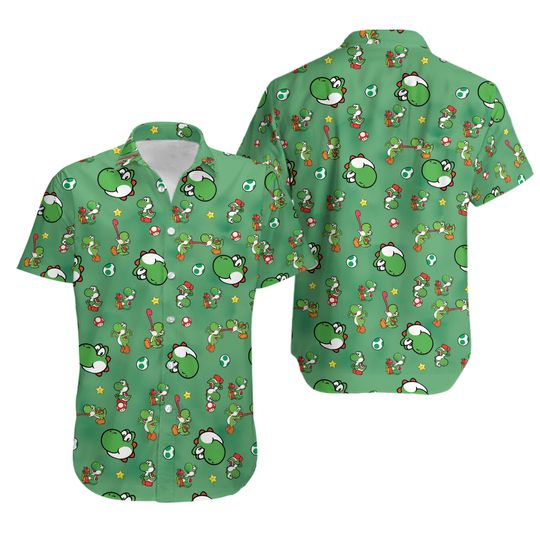 Yoshi Pattern Super Mario Bros Button Up Hawaiian Shirt, Cute Tropical Button Up Summer Vacation Beach Outfit Fun Shirt