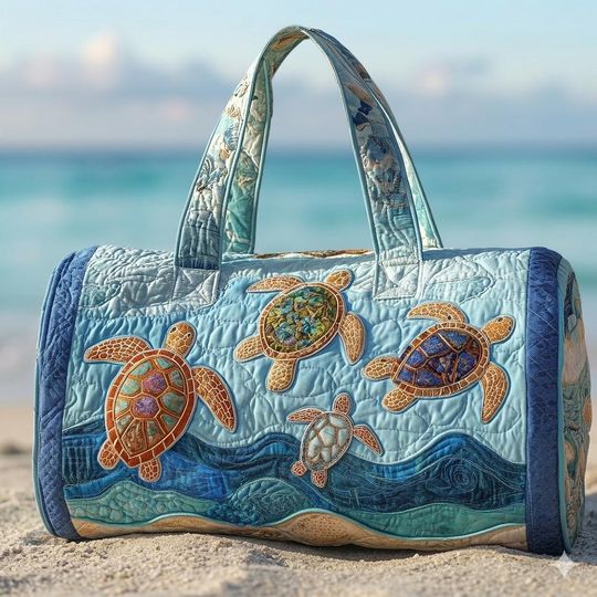 Sea Turtle Haven Quilted Duffle Bag: Cute Weekender Duffel Gift For Her, Camper Bus Travel Weekender Bag, Best Duffle Bags For Women.