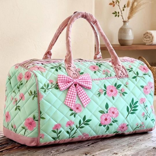 Mint Green Floral Bow Quilted Duffle Bag: Weekender Duffel Gift For Her, Camper Bus Travel Weekender Bag, Best Duffle Bags For Women.