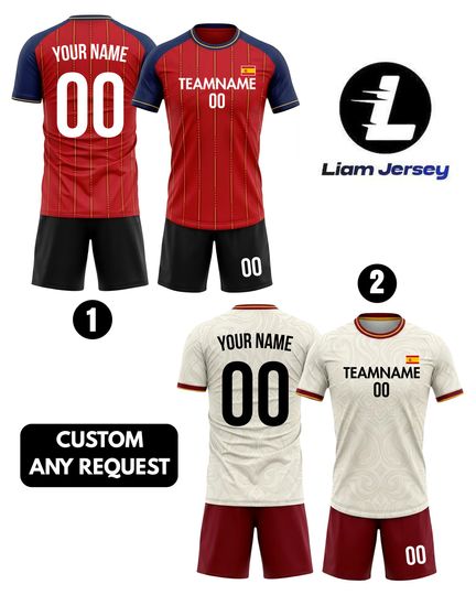 Custom Spain Soccer Jersey Men Youth Kid Team Fan, Personalized Soccer Jersey And Short Name Logo Number Camisa De Futbol Red Navy Shirt