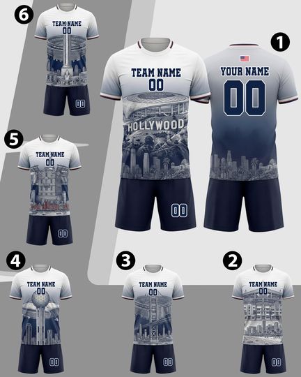 White Navy Gradient Soccer Jersey Uniform, Personalized Team Shirt And Shorts For Men Women Youth Kids, USA LA City Soccer Set Fan Gift