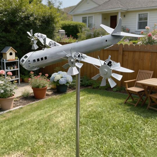 Stainless Steel Airplane Wind Spinner,4-Engine Plane Wind Sculpture,Kinetic Yard Art,Weather-Resistant Garden Decor,Aviation Gift for Pilots