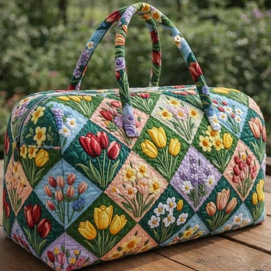 Discover Floral Patchwork Quilted Weekender Bag, Blooming Garden Travel Tote, Mother Day's Gift Ideas