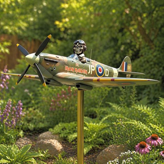 Vintage WWII Fighter Plane Garden Windmill Spinner, Retro Aviation Metal Sculpture Ornament