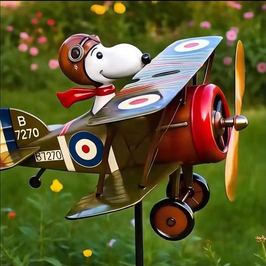 Flying Ace of the Dog Biplane Windmill - Metal Garden Windmill, Quirky Patio Artwork, Outdoor Lawn Decoration, Garden and Courtyard Ornament