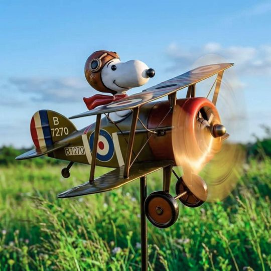 Vintage Dog Pilot Biplane Wind Spinner Metal Garden Decor for Aviation Enthusiasts
