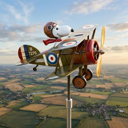 Flying Ace Dog Biplane Metal Windmill: A Whimsical Kinetic Sculpture for Creative Outdoor Garden and Patio Decor