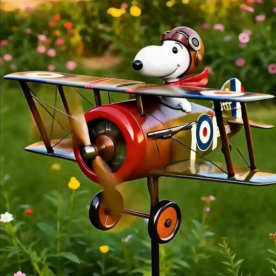 DIY2D,Snoop flying ace biplane windmill, retro metal garden windmill, outdoor lawn decoration, retro airplane-style sculpture.