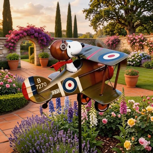 Peanuts Ace of Flight biplane windmill, a retro Peanuts comic book airplane garden kinetic art piece, outdoor patio decoration, fan gift.