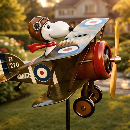 Flying Ace of the Dog Biplane Windmill - Metal Garden Windmill, Quirky Patio Artwork, Outdoor Lawn Decoration