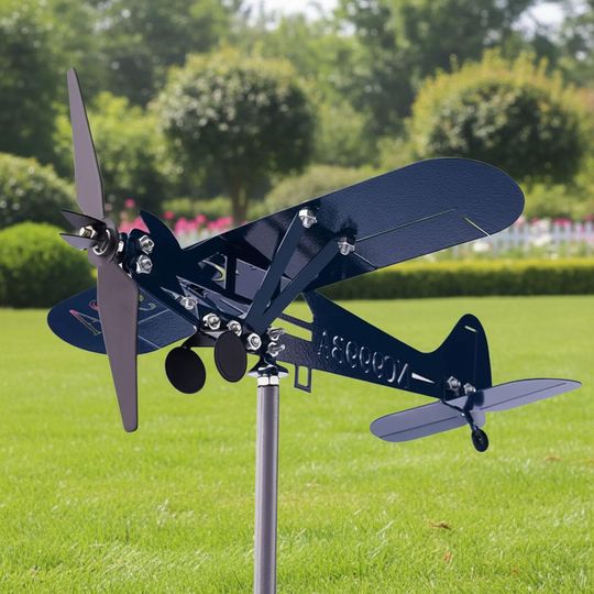 Vintage Iron Airplane Wind Spinner, Kinetic Garden Plane Decor, Outdoor Yard Art Stake