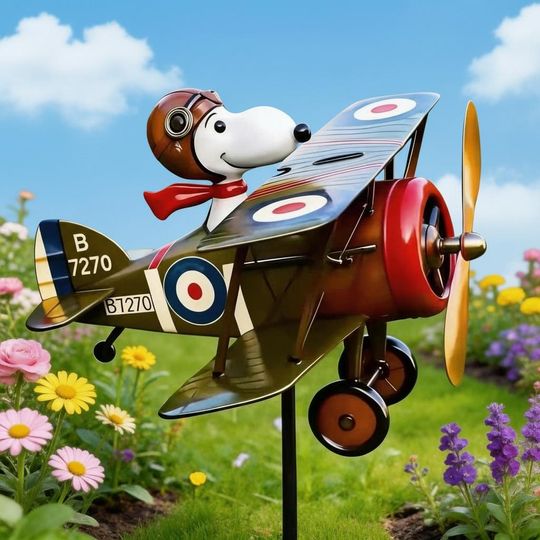 Flying Ace of the Dog Biplane Metal Garden Wind Spinner, Outdoor Patio Yard Ornament