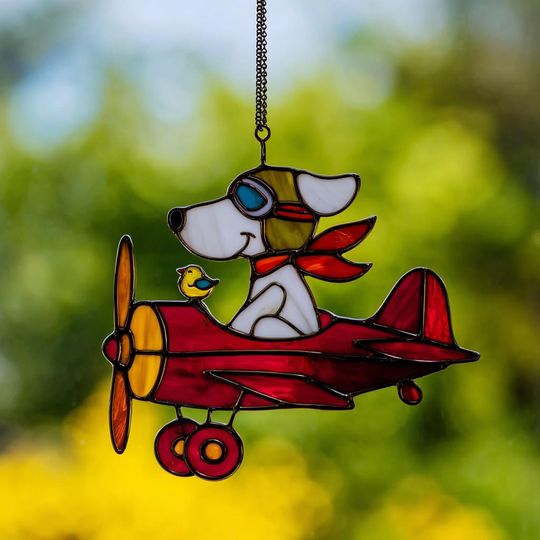 Dog Pilot Airplane Suncatcher Puppy Window Hanging Ornament
