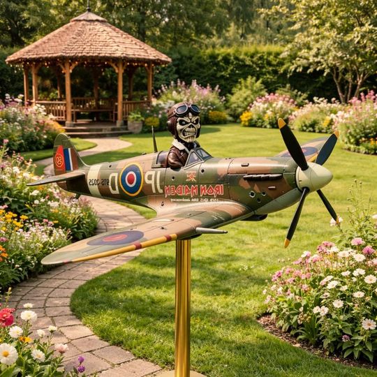 Iron Maiden Eddie Spitfire Windmill Garden Spinner, Military Aircraft Windmill Courtyard Garden Decoration