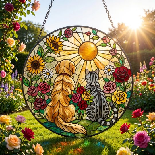 Cat and Dog Garden Suncatcher, Stained Glass Window Ornament, Pet Mom Gift