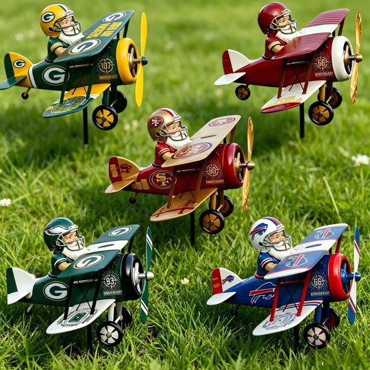 Vintage Metal Garden Wind Spinner - Flying Ace Santa Biplane Lawn Ornament