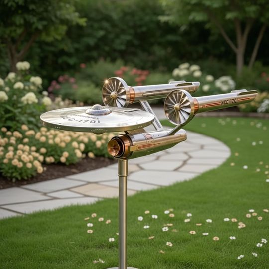 Futuristic Starship Metal Garden Wind Spinner | Kinetic Space Yard Art | Sci-Fi Outdoor Sculpture