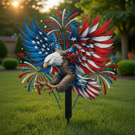 Patriotic Eagle Metal Stake, Veteran Memorial Garden Art, American Eagle with Fireworks Yard Art