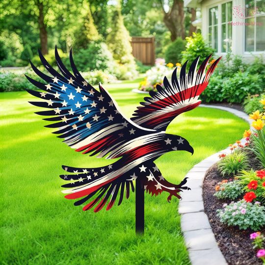 American Eagle Garden Metal Stake,Eagle Garden Sign With American Flag,Gift For Patriotic,Independence Day Gift,Garden Decor