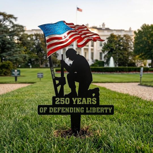 Custom Metal Garden Stake, Waving American Flag, Kneeling Soldier Silhouette, 250Years of Defending Liberty Yard Art, Patriotic Veteran Gift