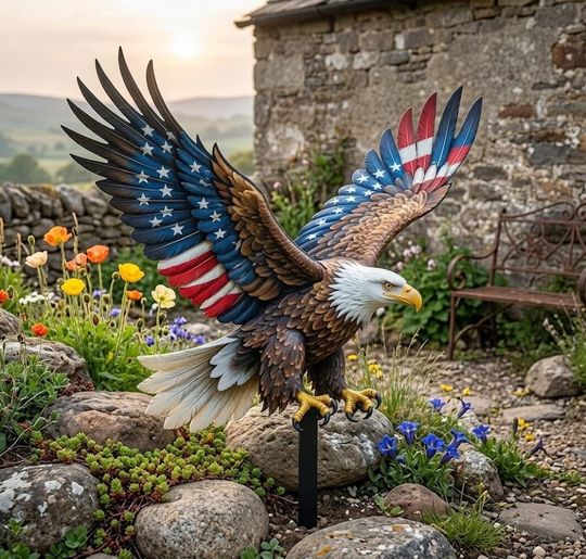 Patriotic Eagle Metal Yard Art, American Flag Bald Eagle Decor, Outdoor Garden Stake, USA Pride Memorial Decor