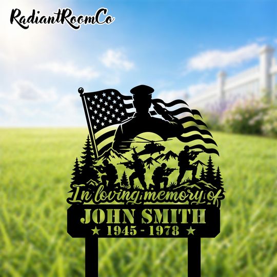 Custom Metal Garden Stake with Soldier and American Flag, Personalized In Loving Memory Gift, Memorial Yard Decor