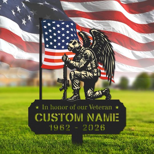 Personalized Veteran Memorial Metal Garden Sign, Custom Soldier Grave Marker, Military Remembrance Yard Decor