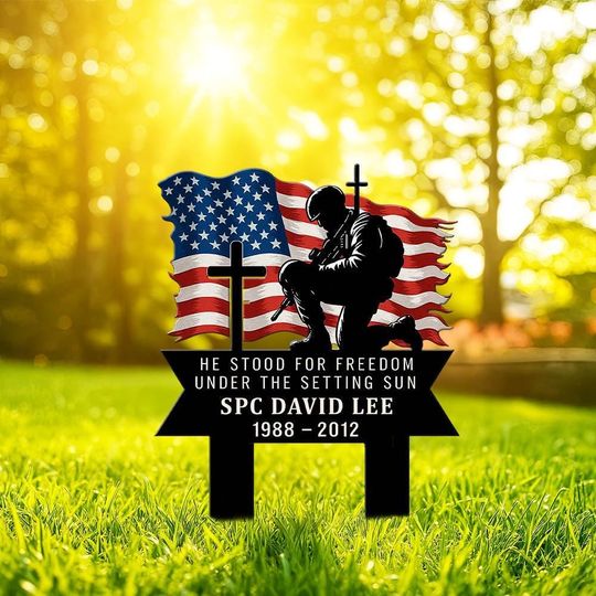 Custom Military Memorial Metal Stake, Fallen Soldier with Cross US Flag, Outdoor Grave Marker for Veteran Tribute, Memorial Day, July 4th