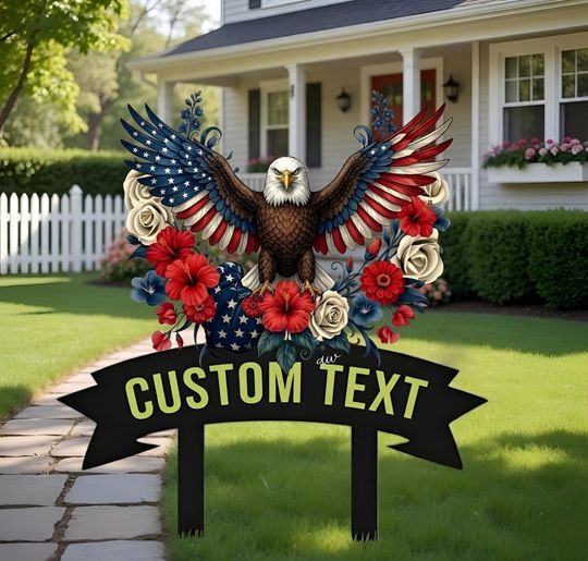 Custom Bald Eagle Yard Stake Patriotic Decor, Personalized Garden Sign with Flag Wings