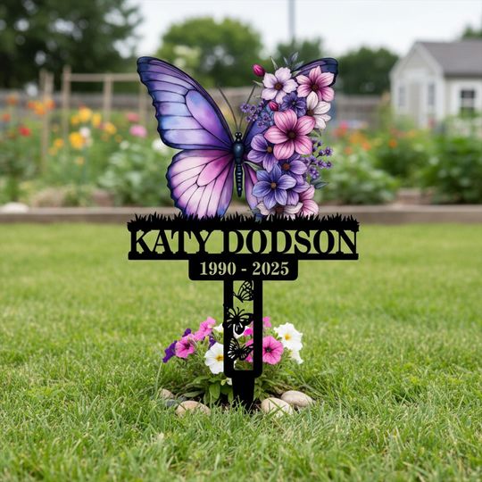 Floral Butterfly Memorial Garden Marker, Personalized Memorial Garden Stake, Floral Butterfly Tribute Stake,Butterfly Memorial Garden Sign