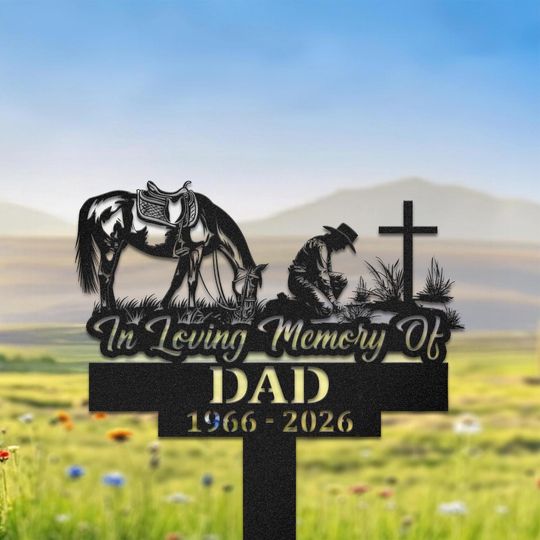 Personalized Cowboy Memorial Stake with Horse and Cross, Custom Western Grave Marker for Dad, Outdoor Metal Tribute Sign