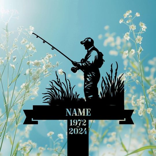 Personalized Fishing Memorial Stake Metal, Peaceful Sitting Fisherman Silhouette For Outdoor Tribute, Memorial Garden Stake.